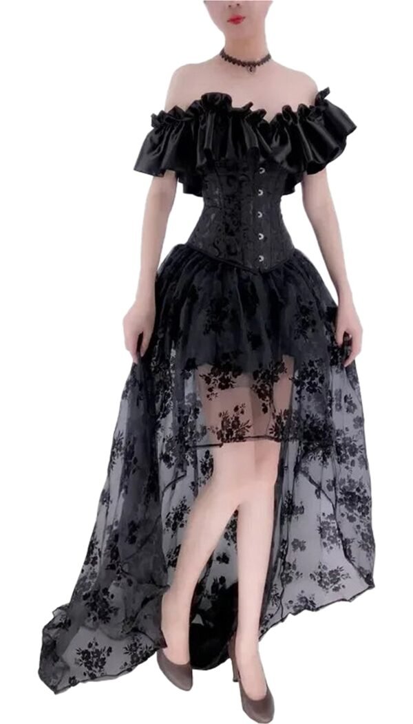 Black Gothic Corset Dress Set With Ruffles 20 Black Gothic Corset Dress Set With Ruffles Black gothic corset dress set with ruffled off-shoulder design and floral lace for a dramatic look