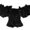 Black gothic corset dress set with satin fabric and dramatic puff sleeves for a stylish look