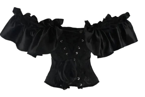 Black Gothic Corset Dress Set With Ruffles 19 Black Gothic Corset Dress Set With Ruffles Black gothic corset dress set with satin fabric and dramatic puff sleeves for a stylish look