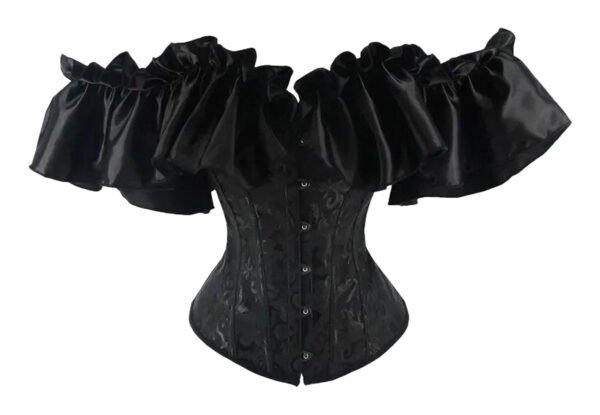 Black Gothic Corset Dress Set With Ruffles 21 Black Gothic Corset Dress Set With Ruffles Elegant black gothic corset dress set with voluminous ruffled sleeves for a dramatic look