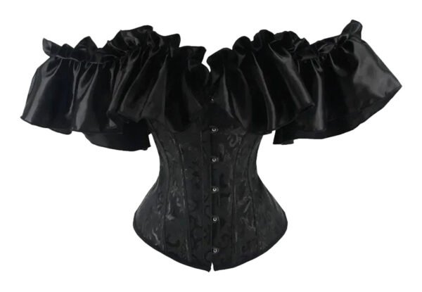 Black Gothic Corset Dress Set With Ruffles 18 Black Gothic Corset Dress Set With Ruffles Elegant black gothic corset dress set with dramatic off-shoulder ruffled sleeves for a striking look
