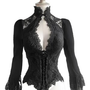 Elegant black lace corset blouse with high neckline and long lace sleeves from LuckeLadybug LLC