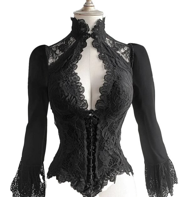Black Lace Corset Blouse For Elegant Looks 7 Black Lace Corset Blouse For Elegant Looks Elegant black lace corset blouse with high neckline and long lace sleeves from LuckeLadybug LLC