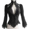 Elegant black lace corset blouse with bell sleeves and detailed lace design for a stylish look