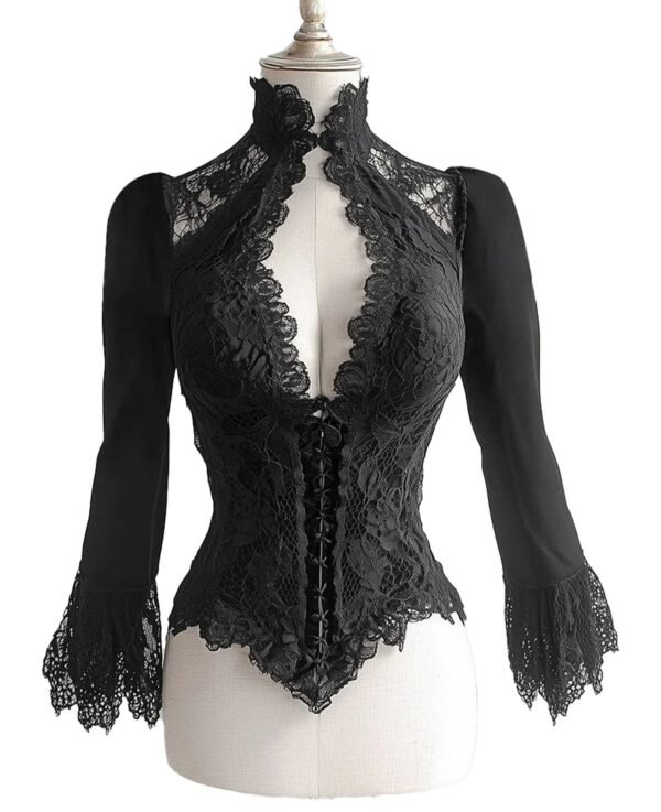 Black Lace Corset Blouse For Elegant Looks 9 Black Lace Corset Blouse For Elegant Looks Elegant black lace corset blouse with bell sleeves and detailed lace design for a stylish look