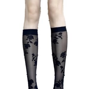 Black lace knee high stockings with floral patterns for a stylish and elegant look