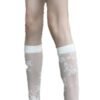 Elegant black lace knee high stockings with floral design, perfect for fashion-forward outfits