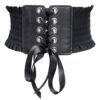 LuckeLadybug black lace underbust corset for women with adjustable lace-up design and ruffled edges