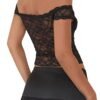 Elegant black off shoulder corset top with lace detail, perfect for stylish evening wear