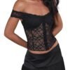 Black off shoulder corset top with lace detailing and front button closure for a stylish look