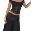 Model wearing a black off shoulder corset top made of lace with a flattering fit
