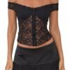Elegant black off shoulder corset top with lace design and zip closure for a stylish look