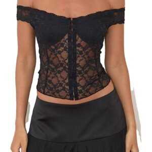 Black off shoulder corset top with lace detailing and fitted design for a stylish look