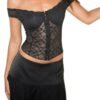 Black off shoulder corset top with lace detailing and fitted silhouette from LuckeLadybug LLC