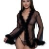 Black Sheer Lingerie Robe With Feather Trim 7 Black Sheer Lingerie Robe With Feather Trim LuckeLadybug LLC black sheer lingerie robe with feather trim on model against gray background