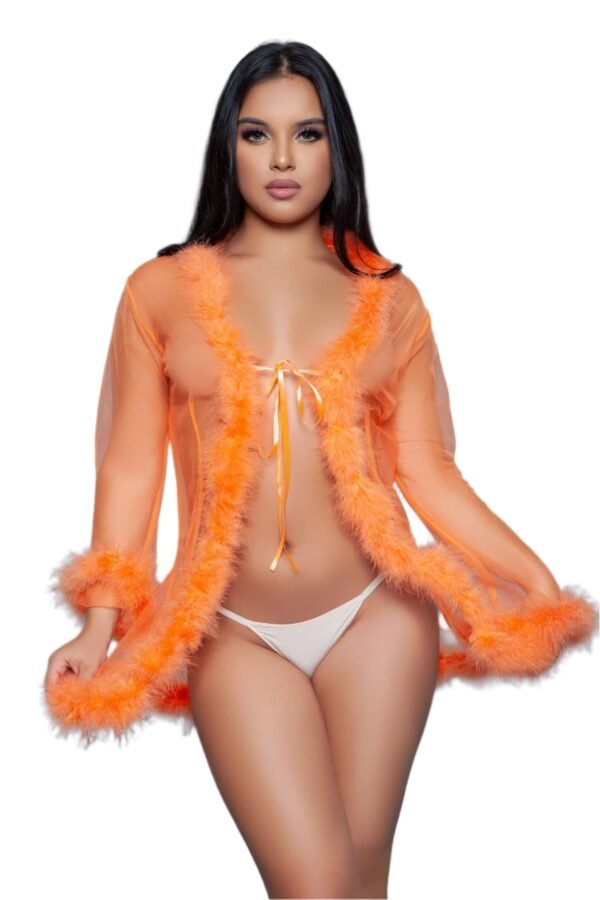 Black Sheer Lingerie Robe With Feather Trim 94 Black Sheer Lingerie Robe With Feather Trim Orange sheer lingerie robe with feather trim worn by model, similar style to black sheer lingerie robe