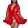 Black sheer lingerie robe by LuckeLadybug LLC styled in red sheer fabric with feather trim on model