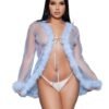 LuckeLadybug LLC black sheer lingerie robe with feather trim worn by model