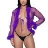 Model wearing a purple sheer lingerie robe with feather trim paired with black sheer lingerie robe bottoms