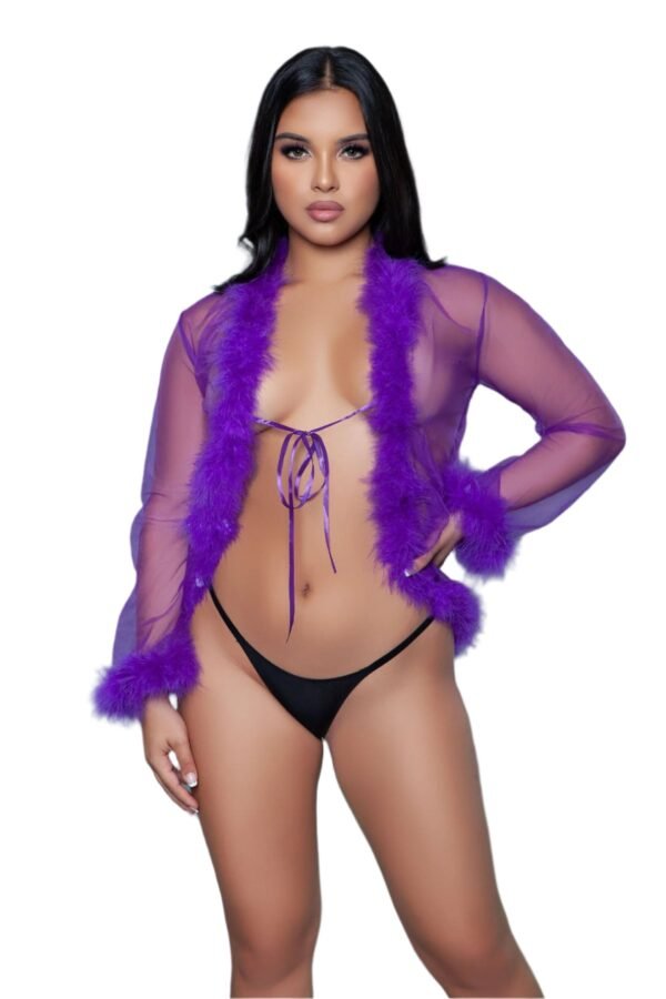 Black Sheer Lingerie Robe With Feather Trim 98 Black Sheer Lingerie Robe With Feather Trim Model wearing a purple sheer lingerie robe with feather trim paired with black sheer lingerie robe bottoms