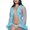 Model wearing a sheer lingerie robe with blue feather trim, not a black sheer lingerie robe