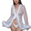 LuckeLadybug LLC black sheer lingerie robe with white feather trim worn by model