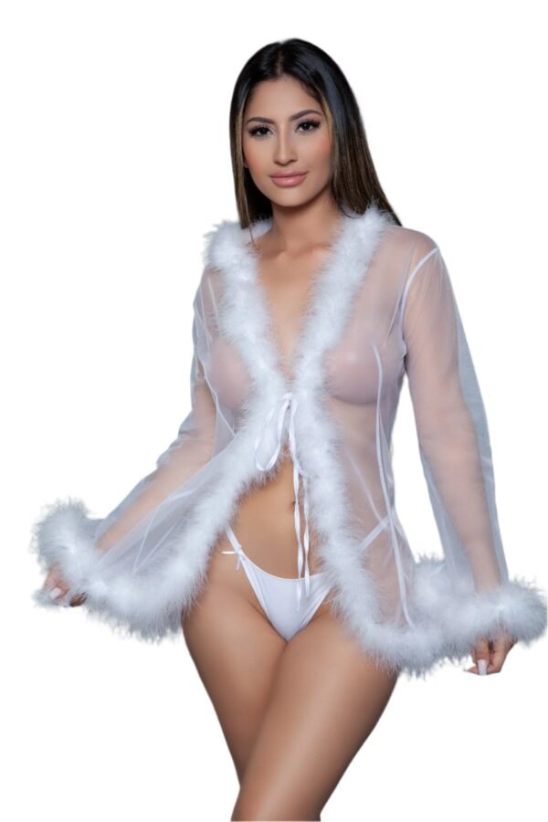 Black Sheer Lingerie Robe With Feather Trim 99 Black Sheer Lingerie Robe With Feather Trim LuckeLadybug LLC black sheer lingerie robe with white feather trim worn by model