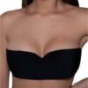 LuckeLadybug LLC black adhesive wing shaped bra worn by woman with strapless design