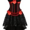 Elegant burlesque corset dress with tutu skirt featuring lace and satin details in black and red