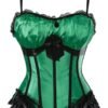 Green satin burlesque corset dress with tutu skirt accents and lace detailing from LuckeLadybug LLC