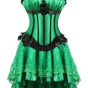 LuckeLadybug LLC burlesque corset dress with tutu skirt in green featuring lace trim and decorative bows