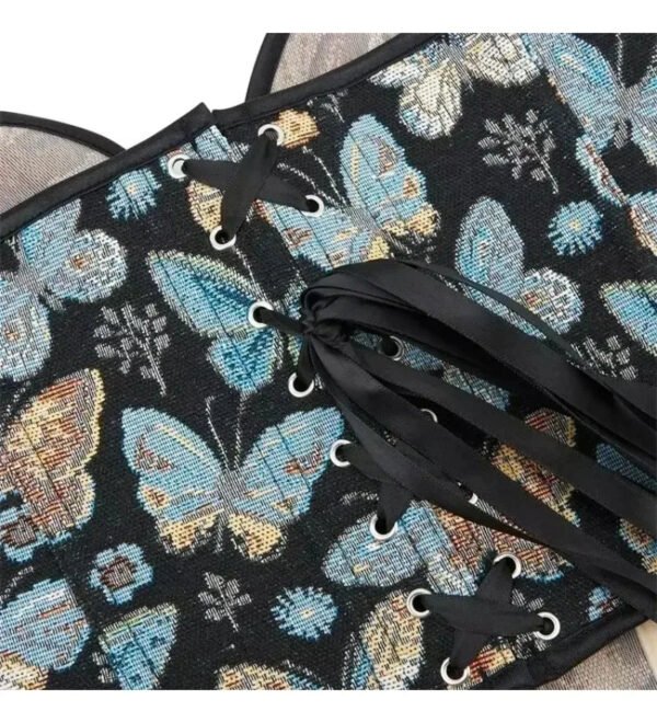 Butterfly Patterned Overbust Corset 19 Butterfly Patterned Overbust Corset Butterfly patterned overbust corset with lace-up design and colorful butterfly motifs on a dark background