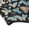 Butterfly patterned overbust corset with intricate blue and gold butterfly designs on a black background