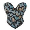 Butterfly patterned overbust corset with vibrant butterfly design on a black background