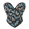 Butterfly patterned overbust corset from LuckeLadybug LLC with intricate butterfly designs in blue and gold