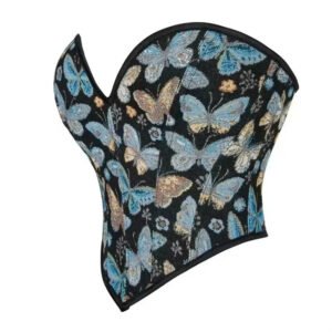 Butterfly patterned overbust corset by LuckeLadybug LLC featuring vibrant blue and gold butterfly designs