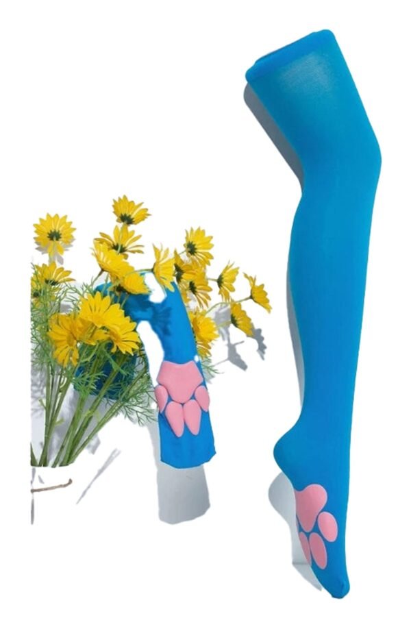 Cat Paw Thigh High Stockings Collection 25 Cat Paw Thigh High Stockings Collection Cat paw thigh high stockings in blue with pink paw prints, perfect for playful fashion accessories