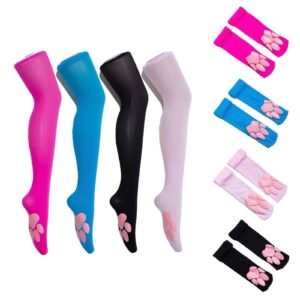 Colorful cat paw thigh high stockings available in pink, blue, black, and white with cute paw designs