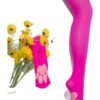 Bright pink cat paw thigh high stockings with paw print design alongside yellow flowers