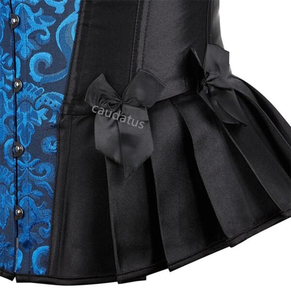 Blue Steampunk Corset Top With Ruffles 57 Blue Steampunk Corset Top With Ruffles Elegant blue steampunk corset top with intricate patterns and stylish bows on the sides