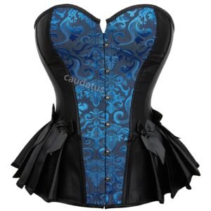 Stylish blue steampunk corset top with intricate patterns and a pleated design for a dramatic look