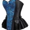 Blue steampunk corset top with intricate pattern and pleated skirt for a stylish, vintage-inspired look