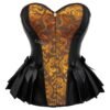 Elegant black and gold patterned blue steampunk corset top with front hook closure and flared skirts