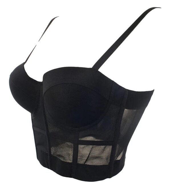 Black plus size mesh corset top with adjustable straps and a structured design for a flattering fit