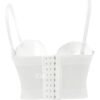 White plus size mesh corset top with adjustable straps and front hook closure for a flattering fit