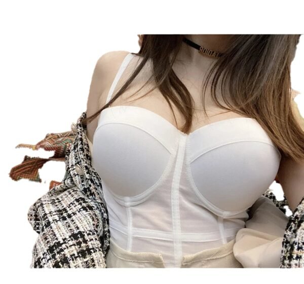 Plus size mesh corset top in white featuring underwire support and adjustable straps