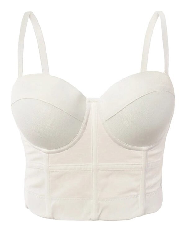 Plus size mesh corset top in white by LuckeLadybug LLC with adjustable straps and structured design