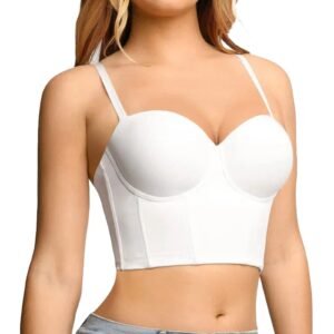 Plus size mesh corset top in white with adjustable straps and structured design for a flattering fit