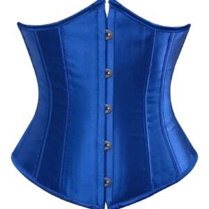 Shiny blue corset top for women with a fitted silhouette and front buttons, perfect for stylish outfits.