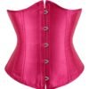 Hot pink satin corset top for women with a stylish back button closure and hourglass silhouette